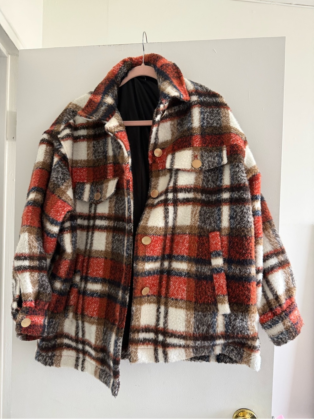 Zara Plaid Teddy Shacket Jacket - Rust, Cream & Brown